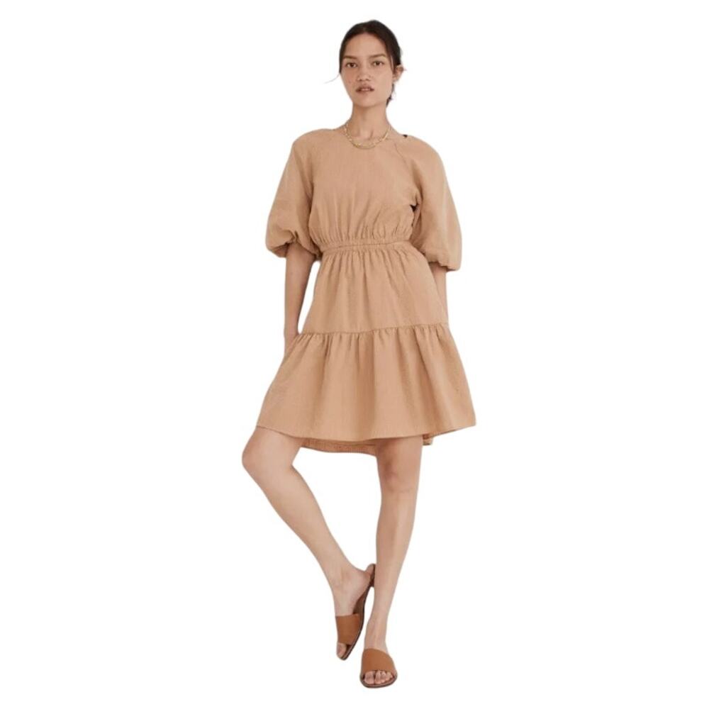 Madewell Puff-Sleeve Cutout Mini Dress Seersucker Dress Khaki Size XXS NWOT